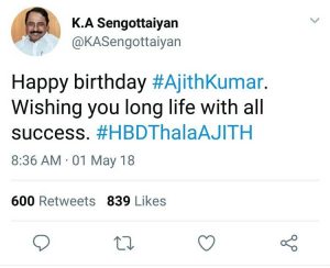 K.A.Sengottaiyan Wishes To Ajith