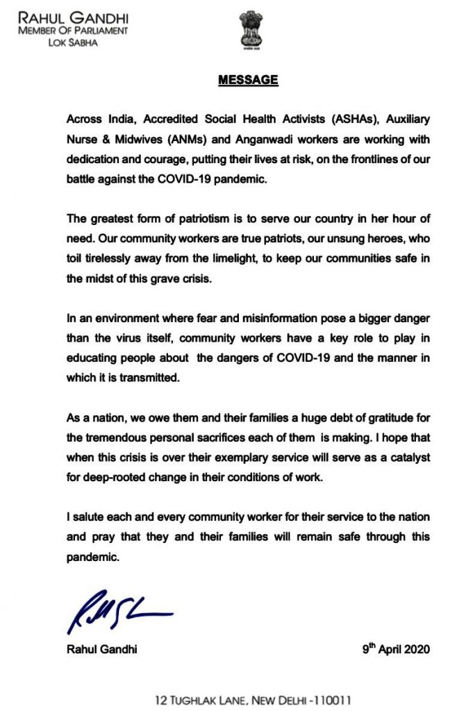 Rahul Gandhi Statement on Asha, Anganwadi Workers and called them true patriots
